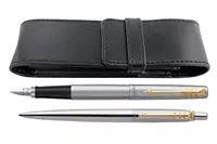 Parker Jotter Steel GT Fountain Pen + Ballpoint + Pen Pouch Set