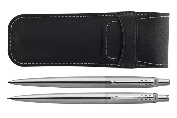 Parker Jotter Steel Ballpoint Pen + Mechanical Pencil + Black Pen Pouch Set