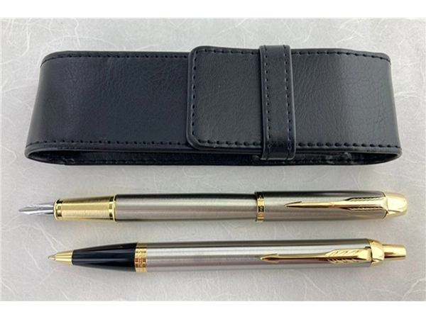 Parker IM Stainless Steel GT Fountain Pen + Ballpoint Pen + Pen Pouch Set 