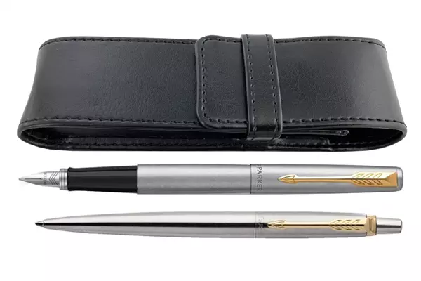 Parker Jotter Steel GT Fountain Pen + Ballpoint + Pen Pouch Set