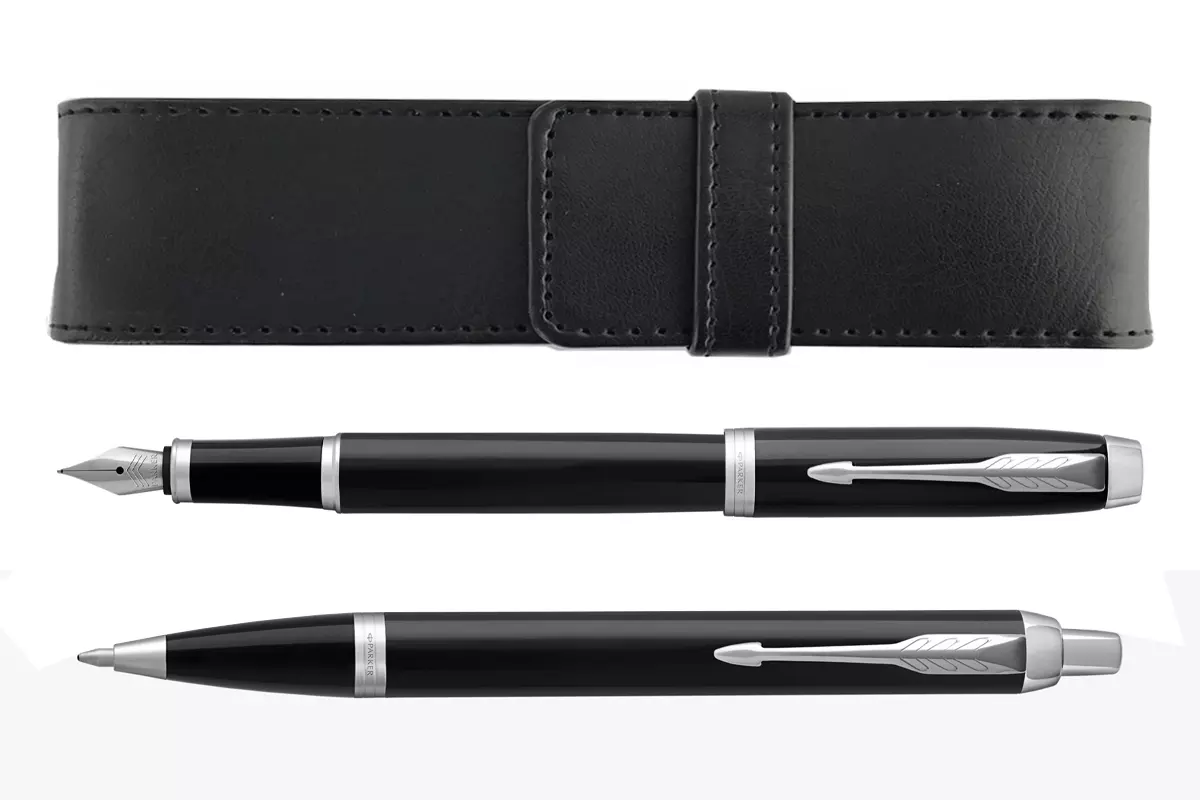 Parker IM Black Lacquer Fountain Pen + Ballpoint + Pen Pouch Set