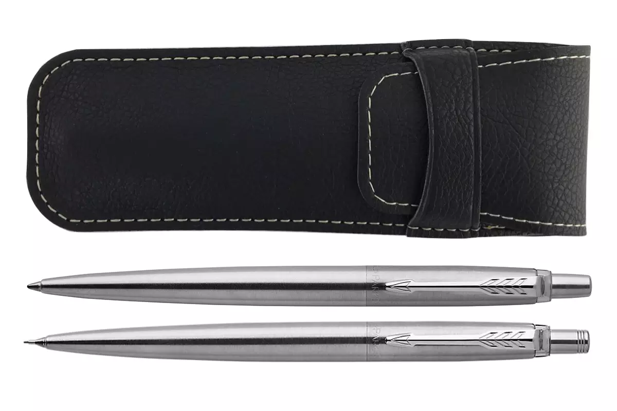 Parker Jotter Steel Ballpoint Pen + Mechanical Pencil + Black Pen Pouch Set