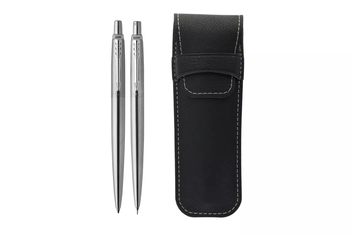 Parker Jotter Steel Ballpoint Pen + Mechanical Pencil + Black Pen Pouch Set