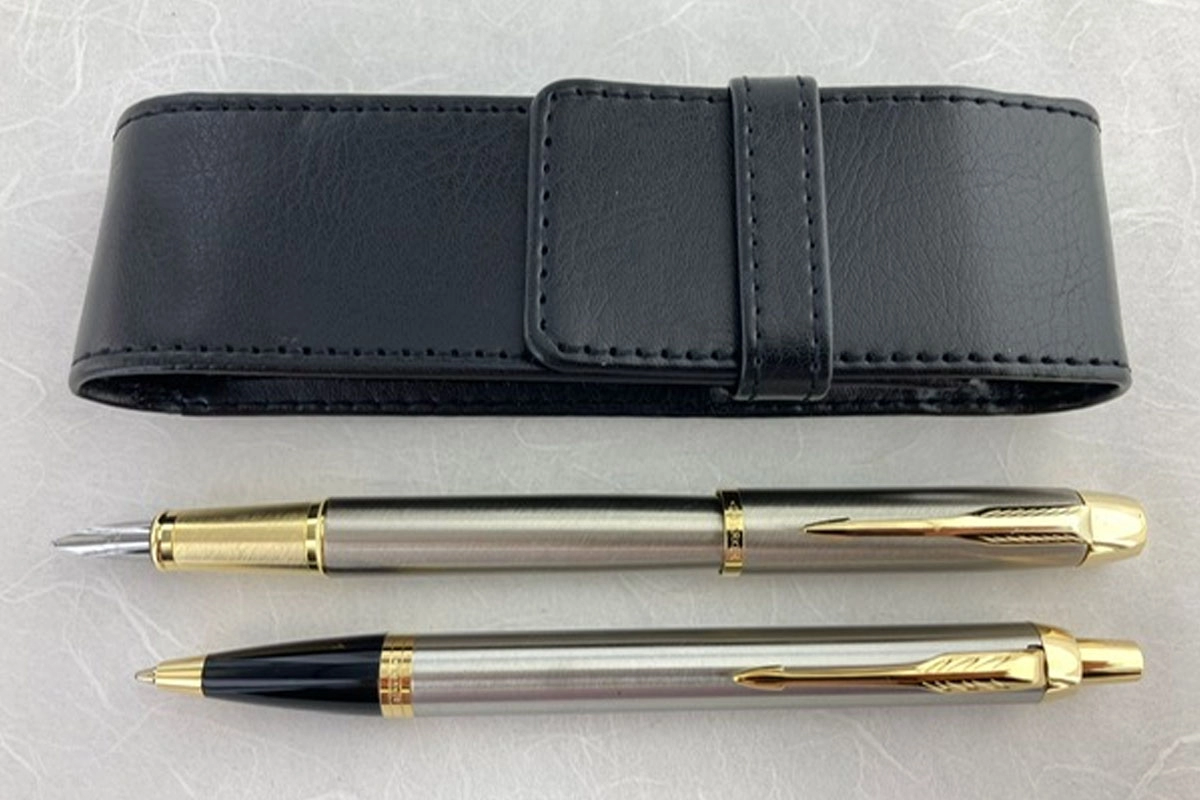 Parker IM Stainless Steel GT Fountain Pen + Ballpoint Pen + Pen Pouch Set 