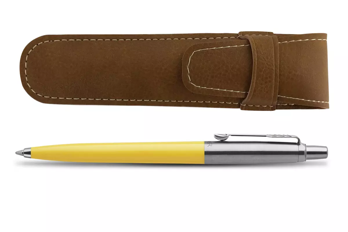 Parker Jotter Yellow Ballpoint & Brown Pen Pouch Set