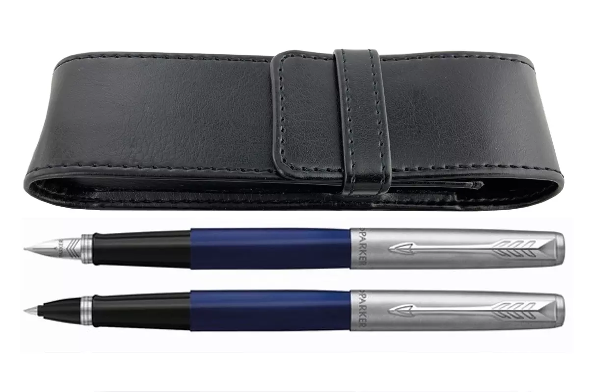 Parker Jotter Original Blue Fountain Pen + Rollerball + Pen Pouch Set