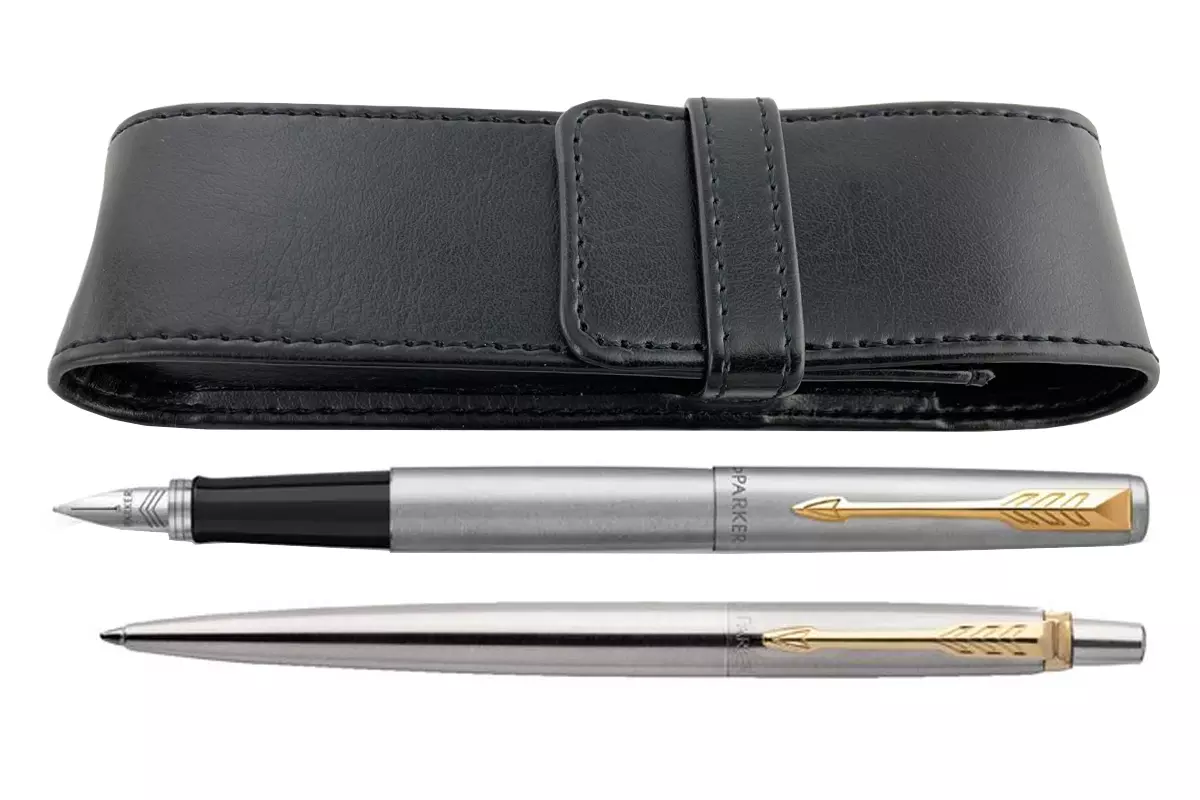 Parker Jotter Steel GT Fountain Pen + Ballpoint + Pen Pouch Set